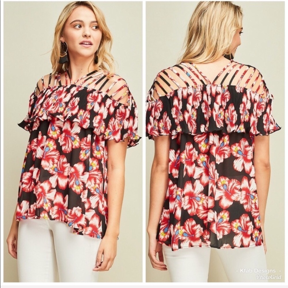LAST! Ruffled Black/Red Cage Neckline Floral Top!